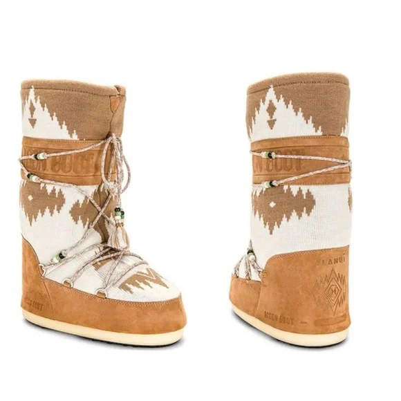 ALANUI X MOON BOOT Icon boots knit tan cream EU 38 US 7-8 sweater boho bead NEW - Picture 2 of 16